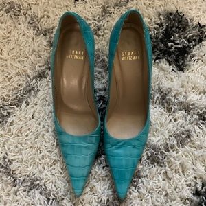 Stuart Weitzman Teal Croc Print Pumps